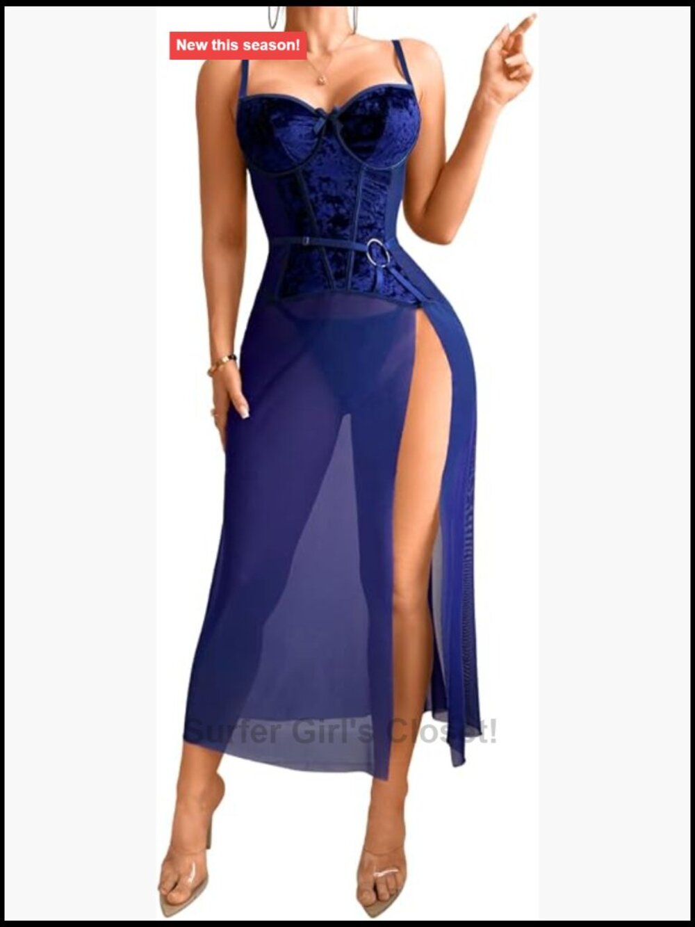 Velvet Mesh Sheer High Slit Lingerie Dress Set Underwire G-String